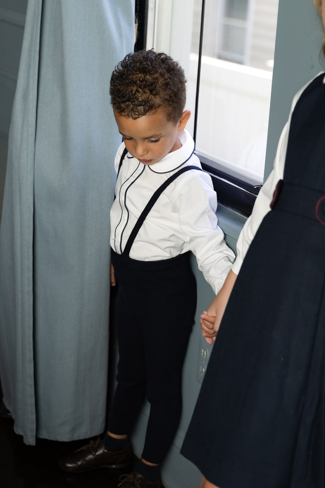 Navy Knit Suspender Pants