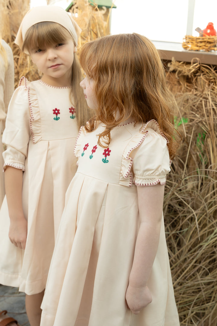 Pleated Peach Embroidered Dress