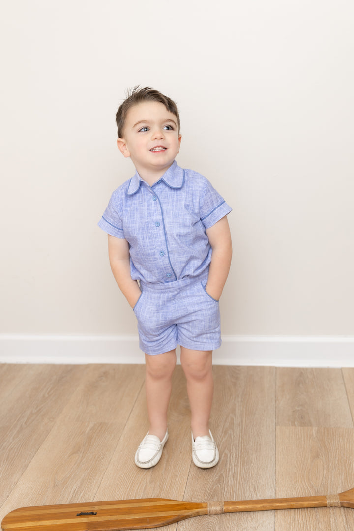 Blue Linen Piped Shorts