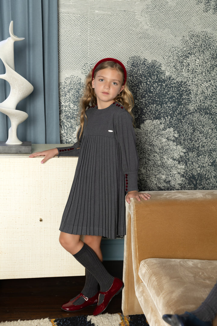 Pleated Button Dress Dark Grey