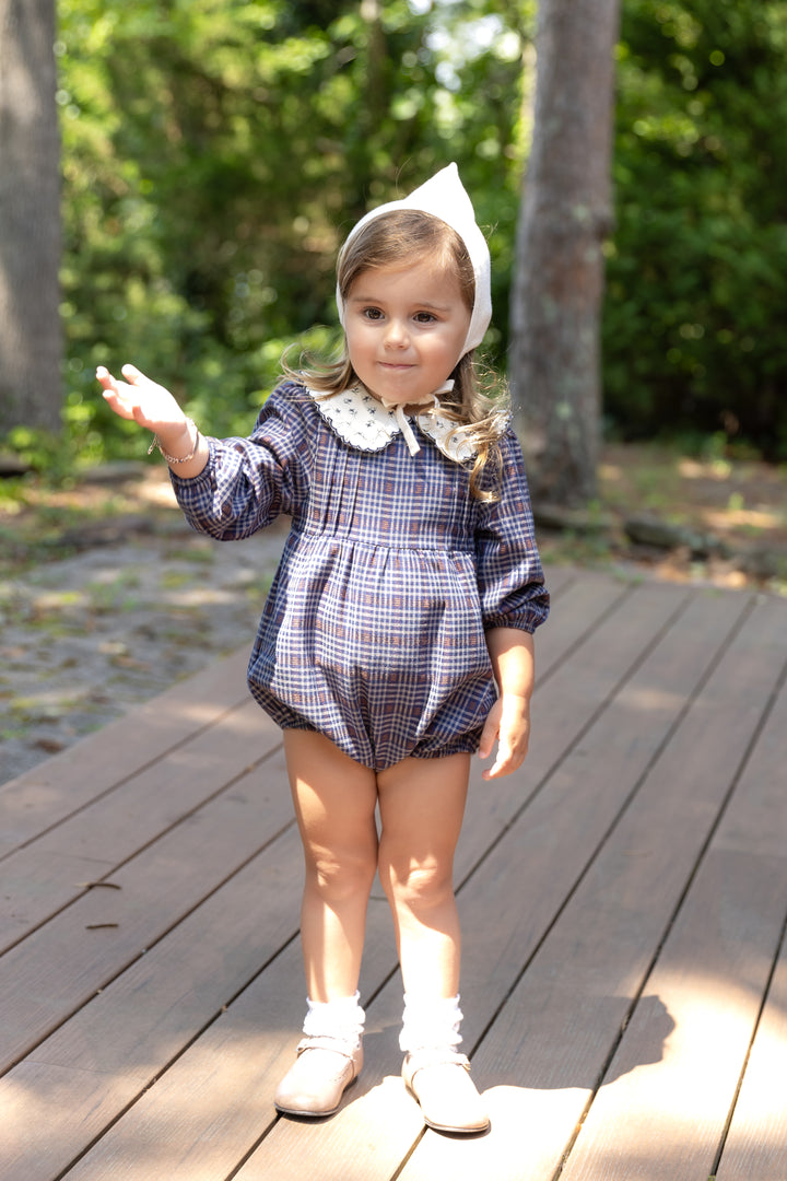 Plaid Romper with Floral Collar