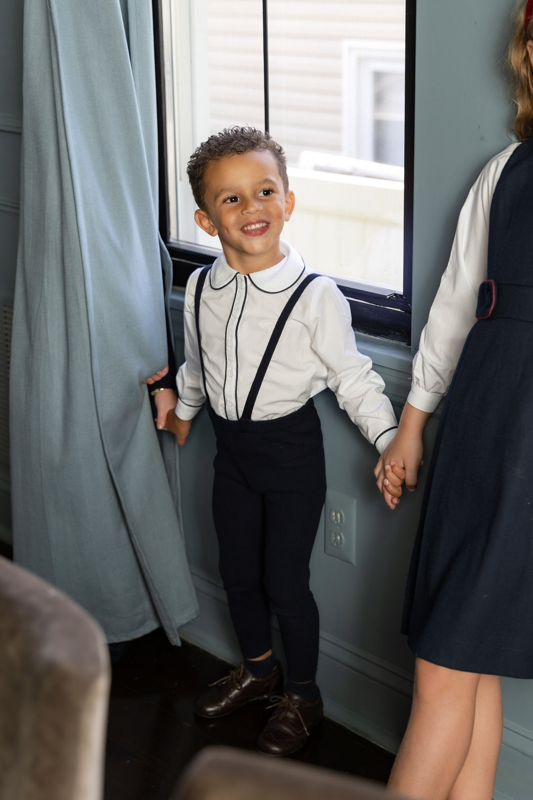 Navy Knit Suspender Pants